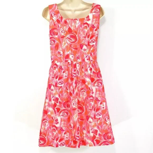 Garnet Hill Floral Dress Women’sSz 10 Watercolor Roses Pink & Red Lined Side Zip